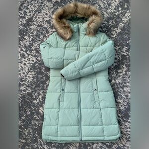 Mint Green Quilted Women's Coat with Faux Fur Hood